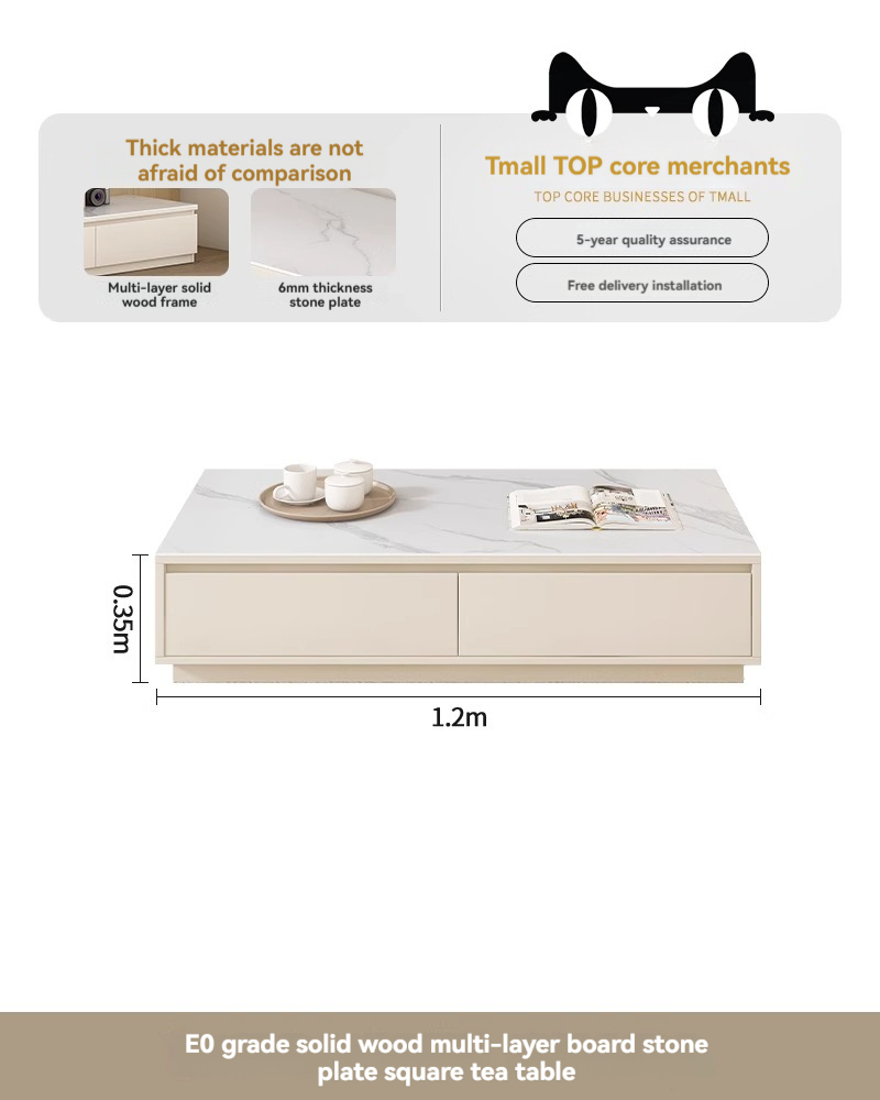 [Pre-order] Oulang 2024 Solid Wood Cream Style Slate TV Cabinet Coffee Table Combo Small Household Modern Simple White Living Room TV Cabinet-Smart-Living