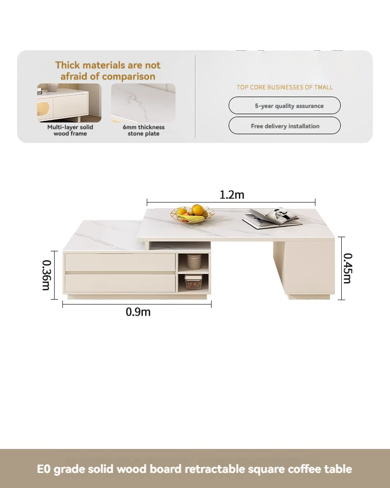 [Pre-order] Oulang 2024 New Solid Wood Rock Slab Retractable TV Cabinet Coffee Table Combination Modern Simple Floor Cabinet White Floor Cabinet-Smart-Living