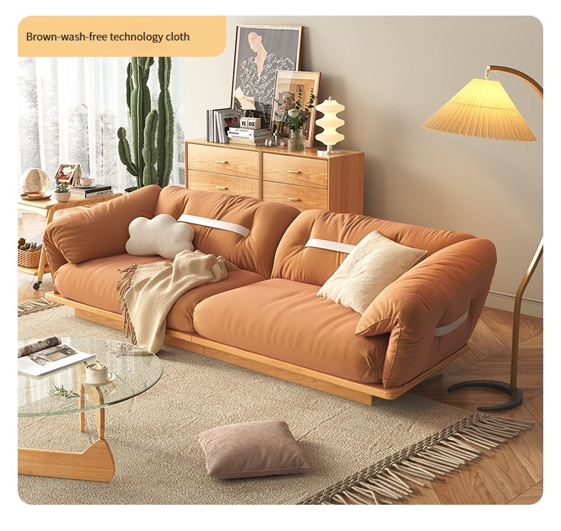 [Pre-order]  Japanese-style solid wood sofa cloud modern minimalist small apartment living room cream log style technology cloth sofa cotton linen-Smart-Living