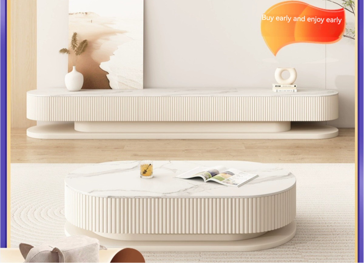 [Pre-order] Cream style coffee table living room household modern simple rock plate white round small apartment coffee table TV cabinet combination-Smart-Living