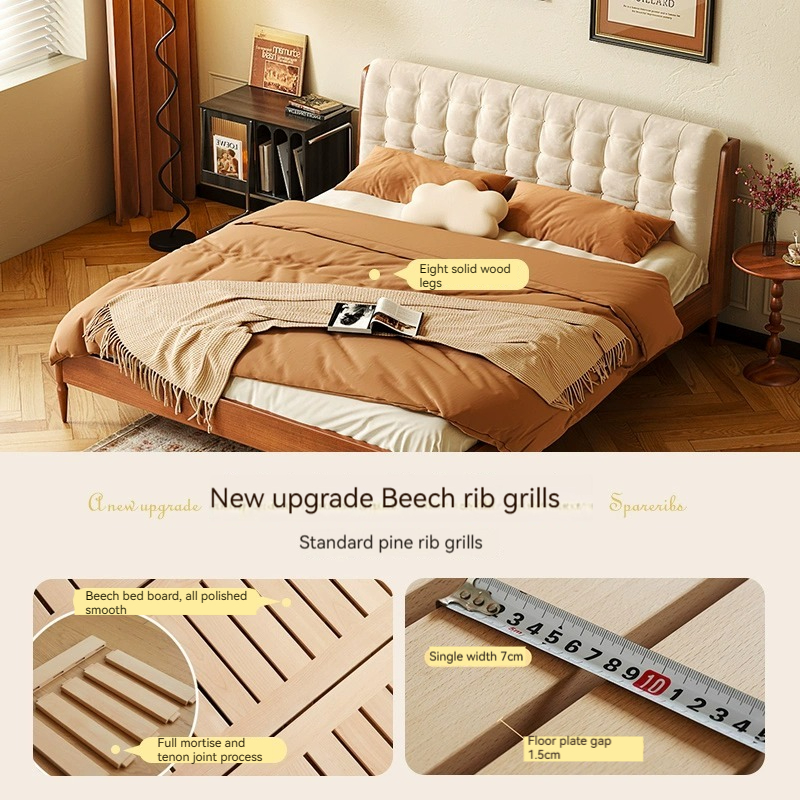 [Pre-order]  All solid wood bed, Nordic double bed, master bedroom 1.8M boxwood vintage simple 1.5M vintage small upholstered bed-Smart-Living