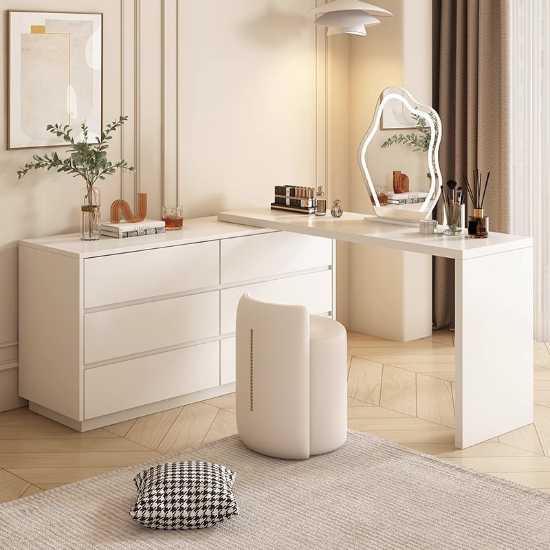 [Pre-order] Oulang solid wood cream style dressing table, desk, integrated bedroom dressing table, storage cabinet, white desk, office desk-Smart-Living
