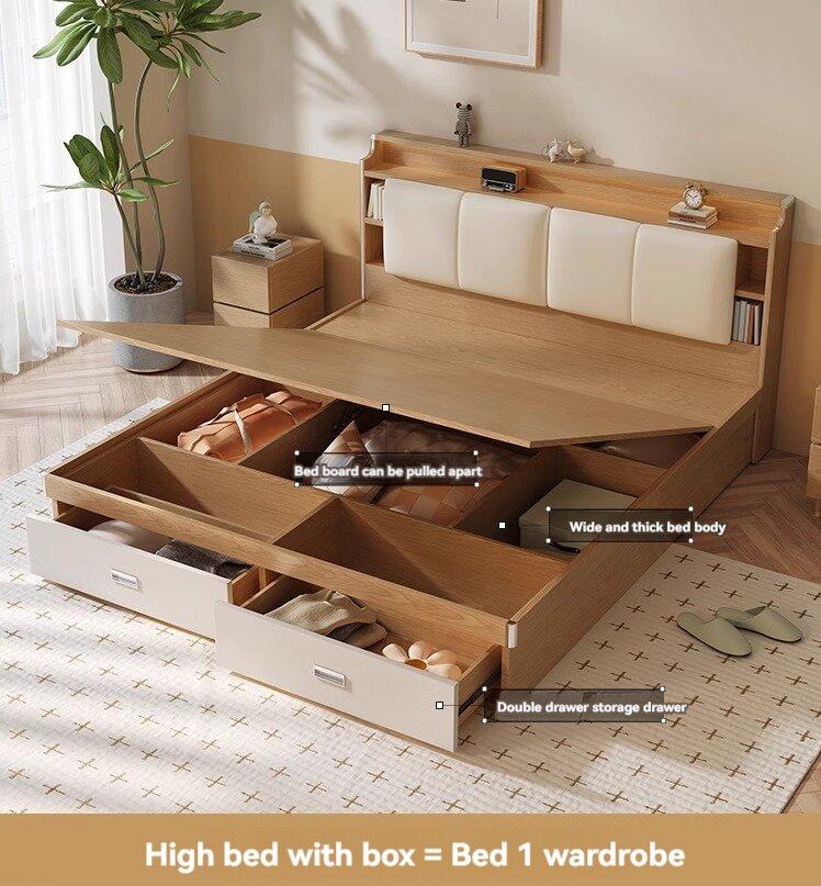 [Pre-order]  Bed Modern simple small apartment high box bed Master bedroom double bed Original wood color tatami bed box storage storage bed-Smart-Living
