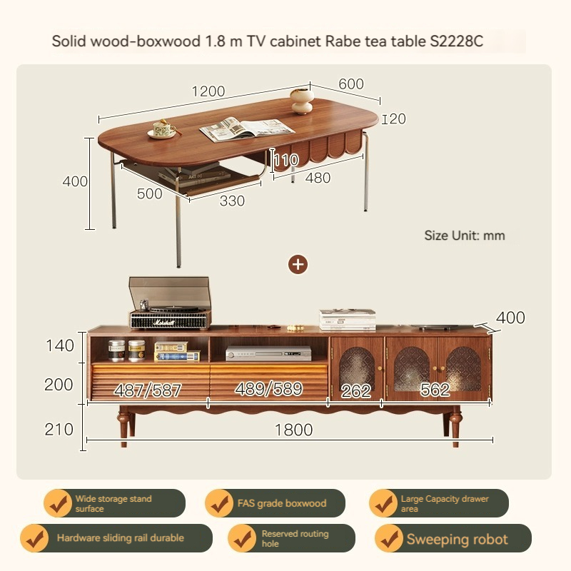 [Pre-order]  Solid wood TV cabinet combination French retro living room, boxwood household storage cabinet, glass door storage cabinet in one-Smart-Living