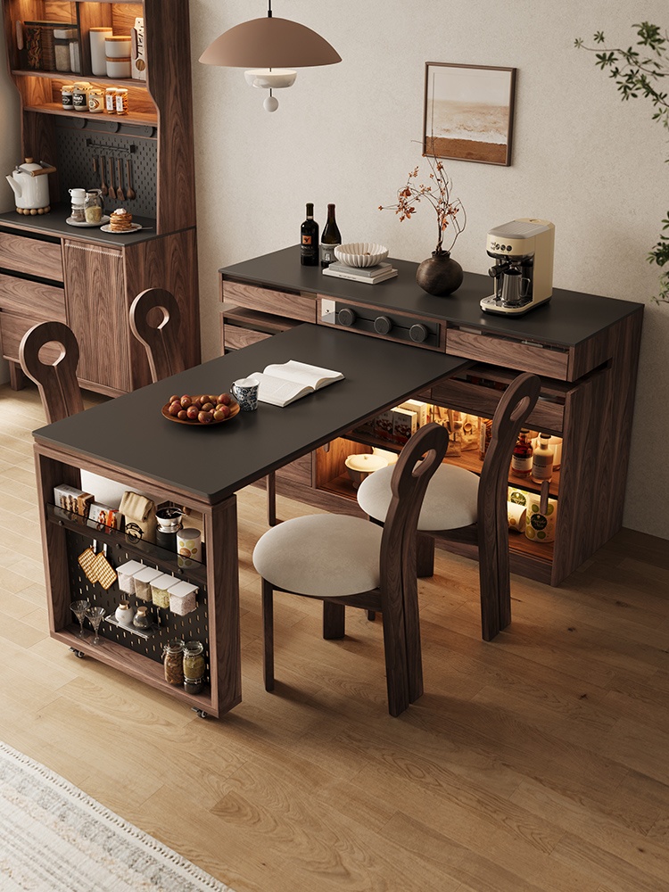[showroom Pre-order] Italian Minimalist Walnut Solid Wood Extendable Island Dining Table - T/L-Shaped Rotatable Nordic Kitchen Counter
