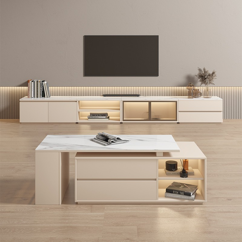 [Pre-order]French TV Cabinet and Tea Table Combination Modern Simple Home Living Room Solid Wood Cream Wind Storage Floor Cabinet TV Stand-Smart-Living