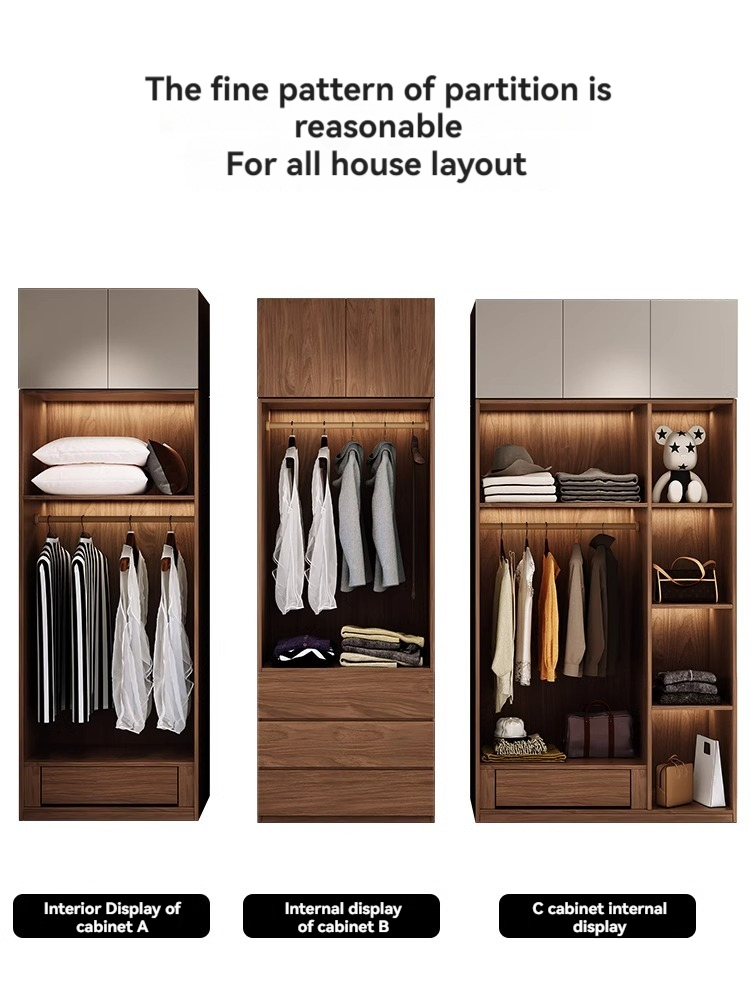 [Pre-order]  Wardrobe home bedroom Nordic style economy modern simple combination of small apartment walnut color finished assembly cabinet-Smart-Living