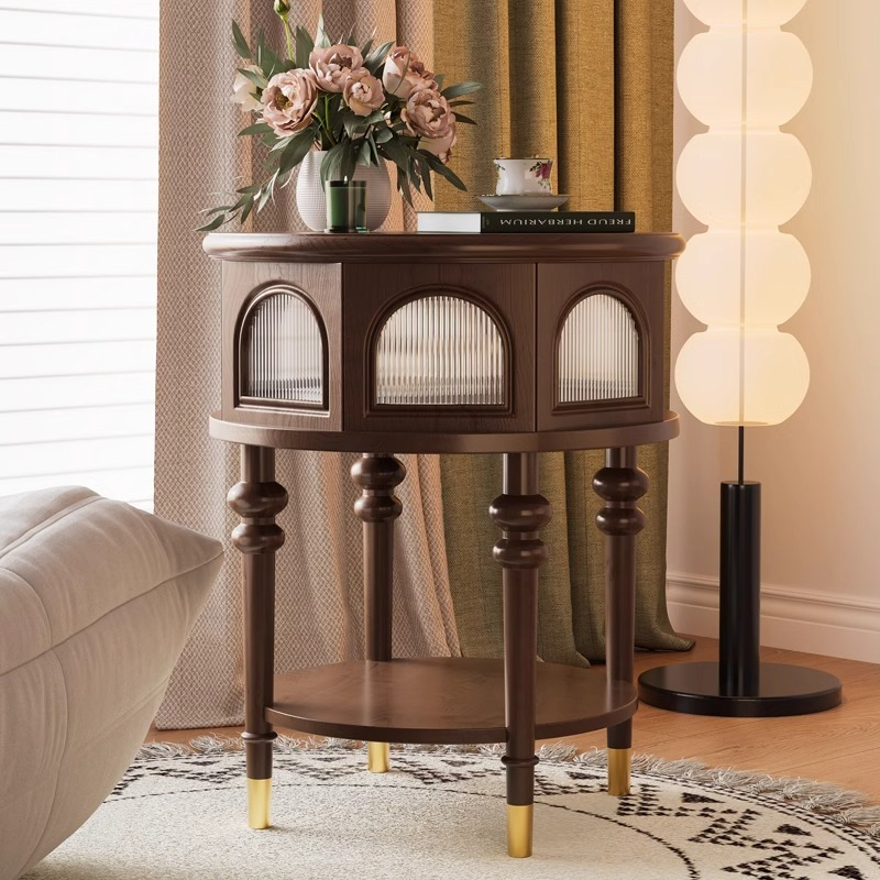 [pre order]French vintage black solid wood glass side table against the wall sofa storage cabinet bedroom modern simple luxury bedside table-Smart-Living