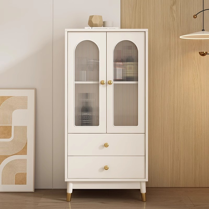 [Pre-order] Oulang Cream style living room, solid wood wine cabinet, display cabinet, integrated against the wall, simple modern glass sideboard, storage cabinet-Smart-Living