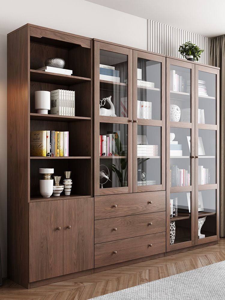 A modern minimalist bookcase with a freestanding design and doors suitable for home study