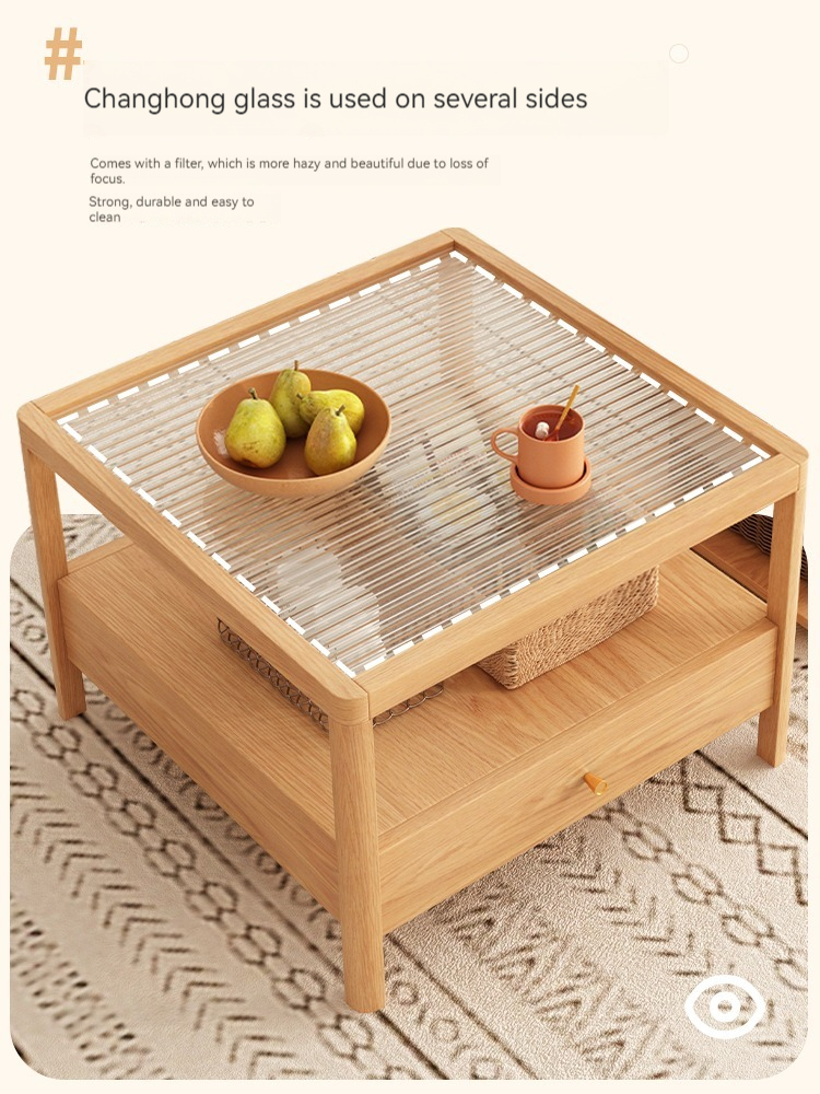 [Pre-order] Japanese style log style coffee table solid wood living room home small apartment wabi-sabi style Changhong glass multi-functional mobile side table-Smart-Living