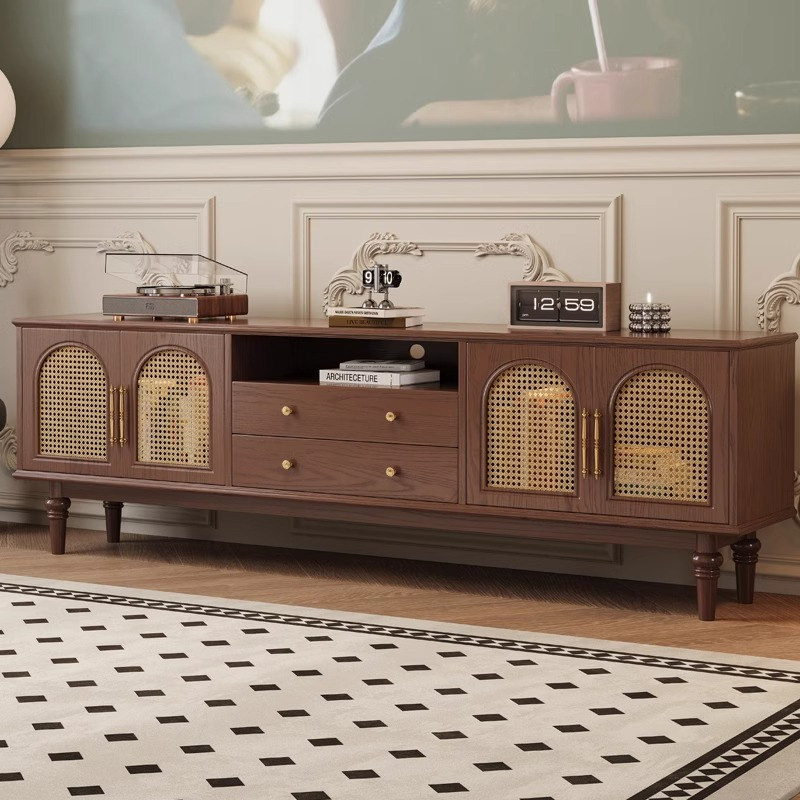 [pre order]French retro solid wood TV cabinet, small apartment, high vintage bedroom design, rattan TV cabinet-Smart-Living