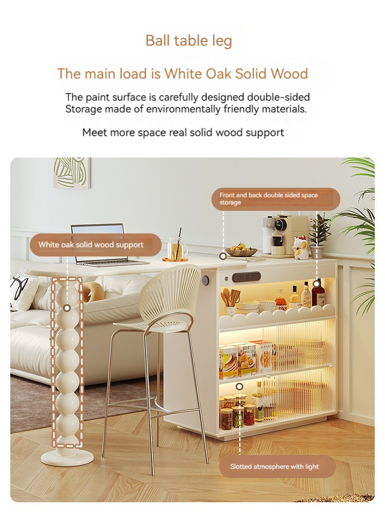 [Pre-order]  French style cream bar partition, integrated, retractable, movable dining table, island table, small household multi-functional storage cabinet-Smart-Living