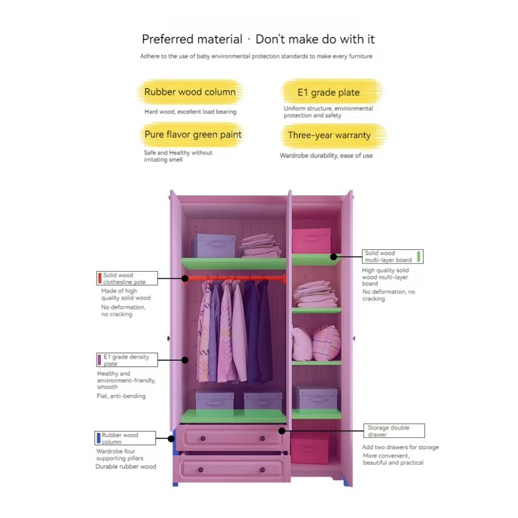 【Showroom】Home bedroom cabinet children's room wardrobe solid wood feet two door three door flat door girl pink children's wardrobe-Smart-Living