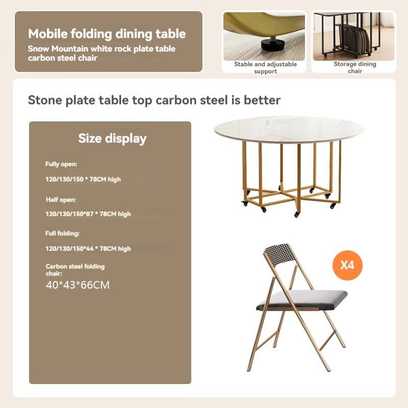 【Showroom】Small unit rock panel folding dining table, household circular dining table, simple and modern storage table, chair combination, round table-Smart-Living