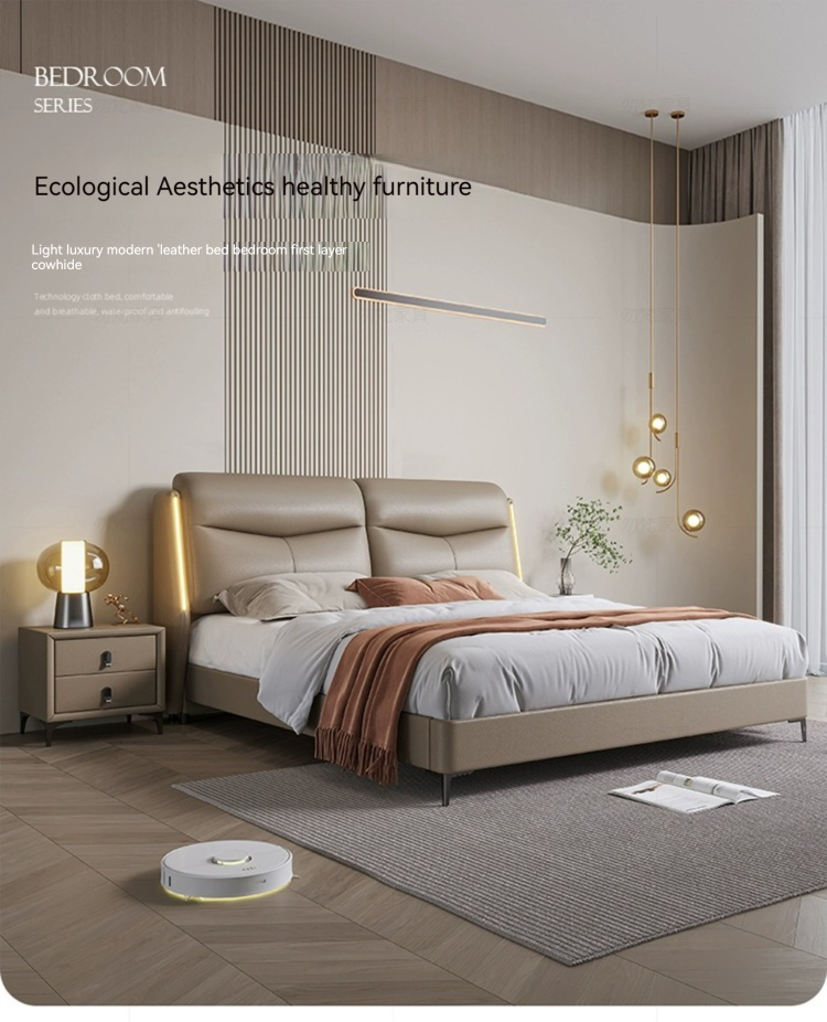 [Pre-order]  WM genuine leather bed, modern and minimalist new ecological cowhide bed, master bedroom, high-end and grand, light luxury soft bag, full edge double bed-Smart-Living