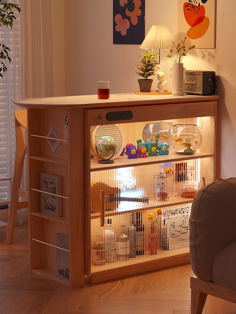 [Pre-order]  Japanese style rock slab bar solid wood partition senior movable dining table small household household living room multifunctional storage cabinet-Smart-Living