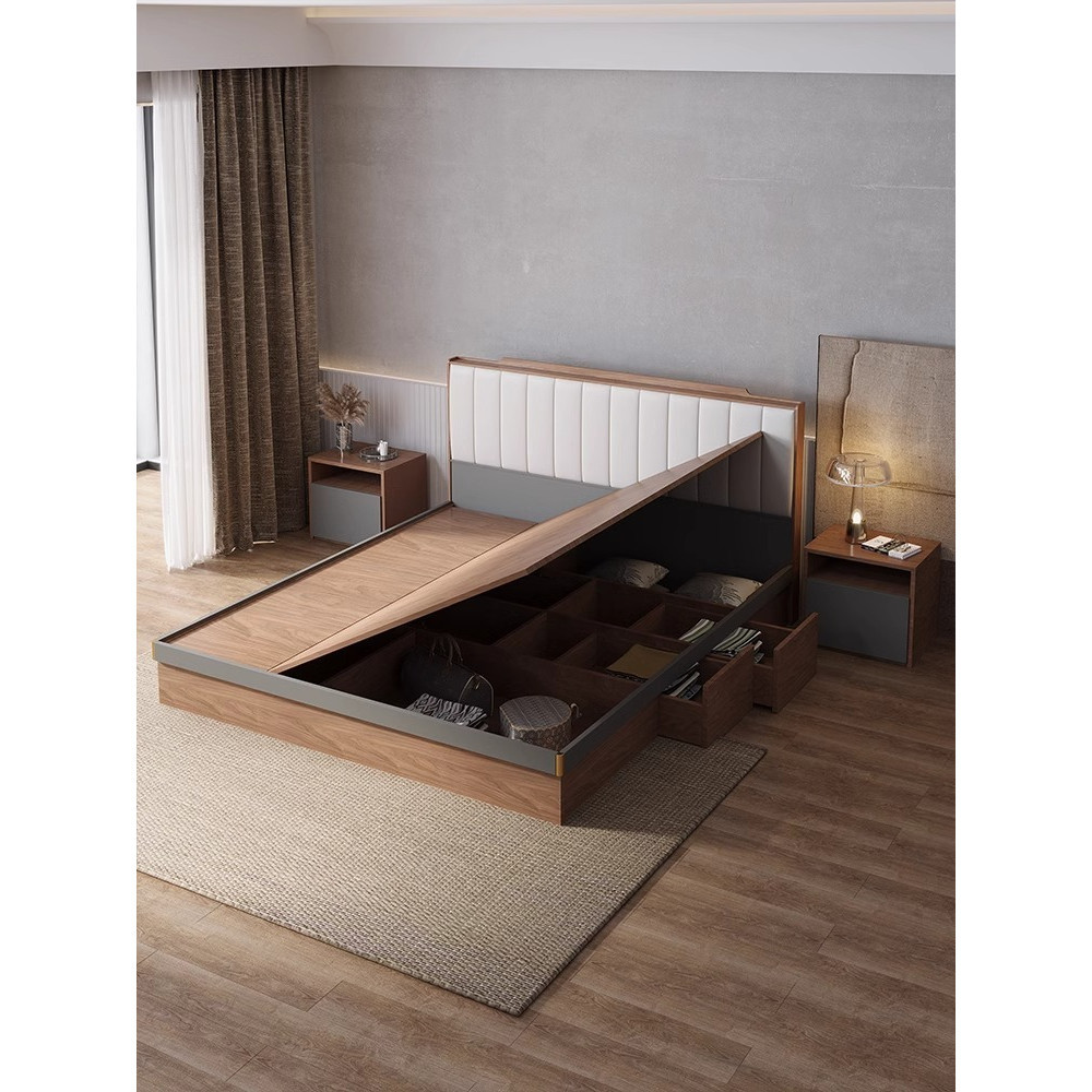 [Pre-order] Modern simple double bed tatami Japanese style high box storage bed Nordic panel pneumatic 1.8m wedding bed-Smart-Living