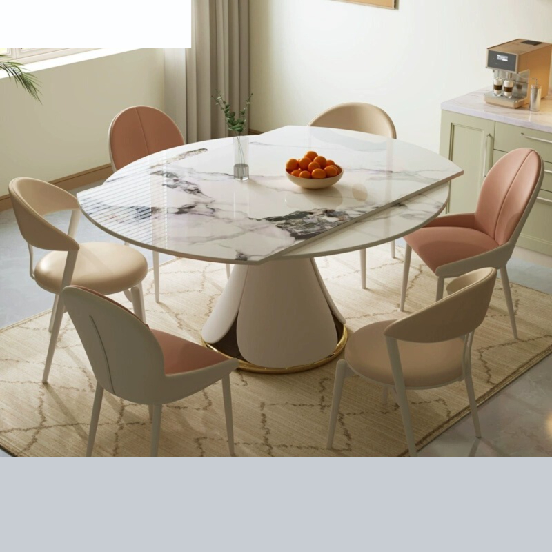 [Pre-order]  Cream style slate dining table simple modern small apartment telescopic round table living room rotating light luxury dining table and chair combination-Smart-Living