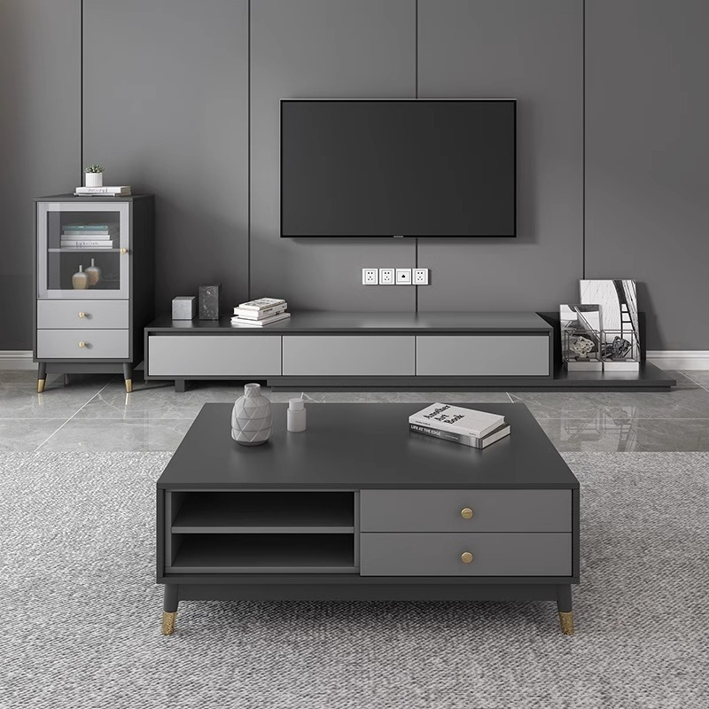 [Pre-order] Oulang Scandinavian simple living room coffee table and TV cabinet combination modern style home retractable creative grey floor cabinet-Smart-Living