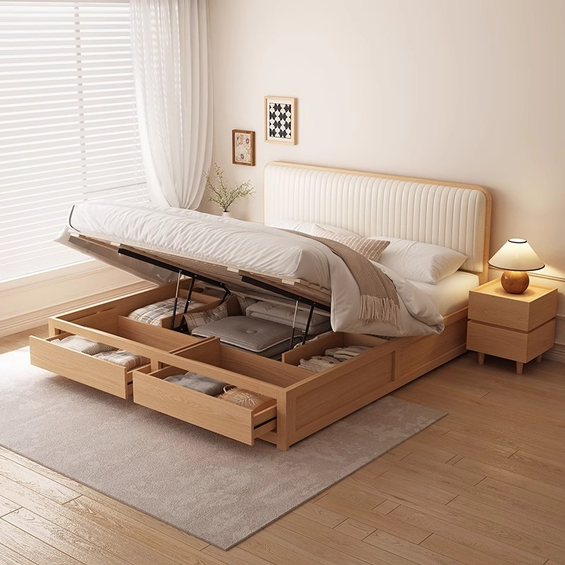 [pre-order]Modern and minimalist small-sized high box storage bed, double bed, master bedroom, wooden air pressure box type solid wood panel bed-Smart-Living