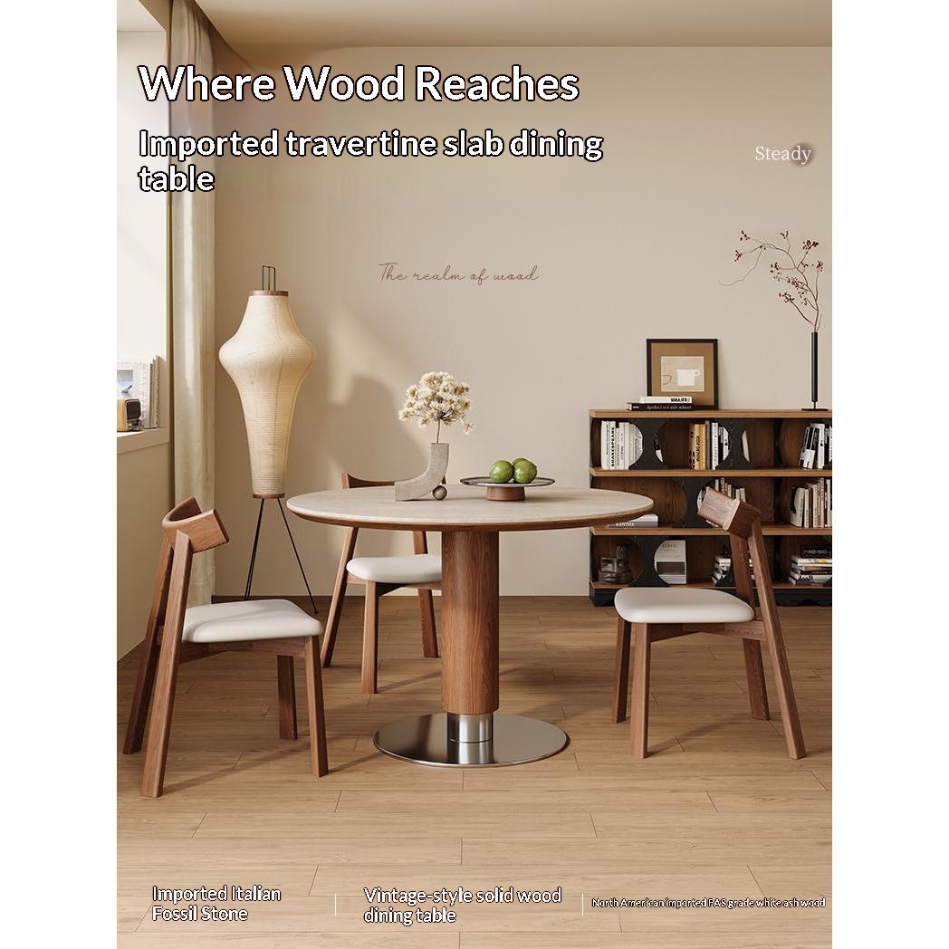 [PRE-ORDER] Solid Oak Vintage-style round table with stone slab, suitable for small homes and homes, in the Nordic style, made of solid wood.