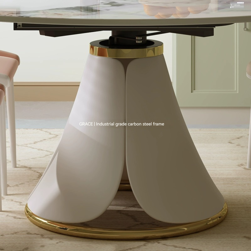[Pre-order]  Cream style slate dining table simple modern small apartment telescopic round table living room rotating light luxury dining table and chair combination-Smart-Living