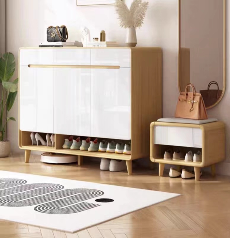 Entrance door, shoe cabinet, solid wood, household entrance, corridor, Nordic style, natural wood color storage cabinet, living room storage partition cabinet-Smart-Living