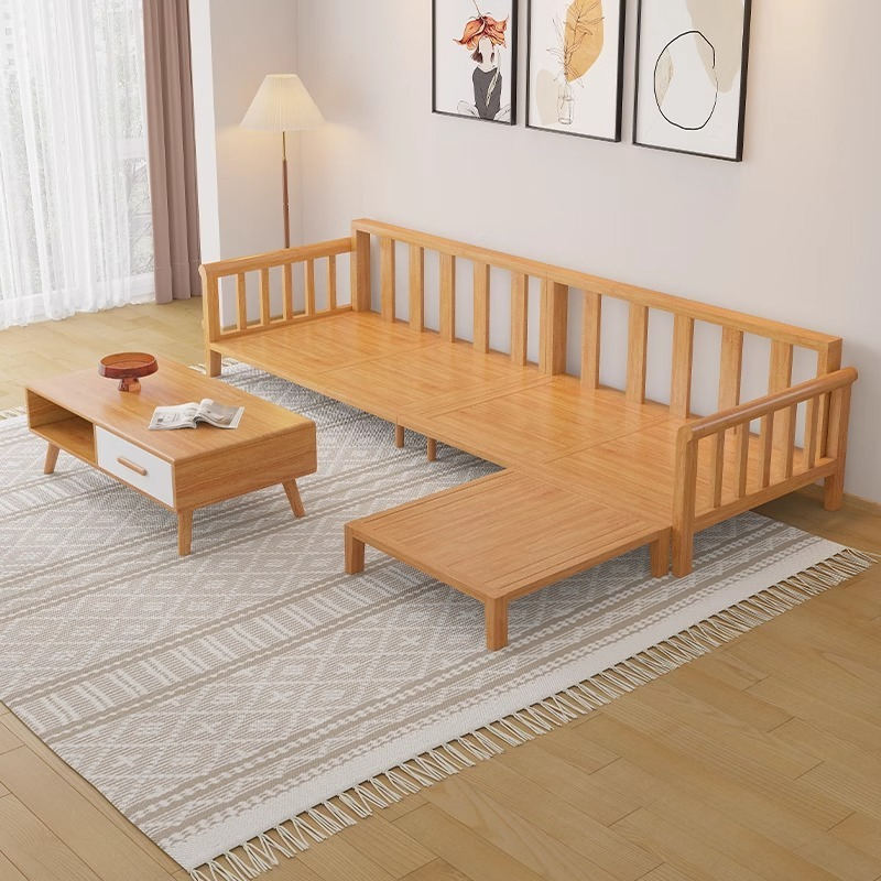 [pre order]Nordic solid wood sofa combination simple modern fabric chaise on corner sofa small apartment living room furniture-Smart-Living