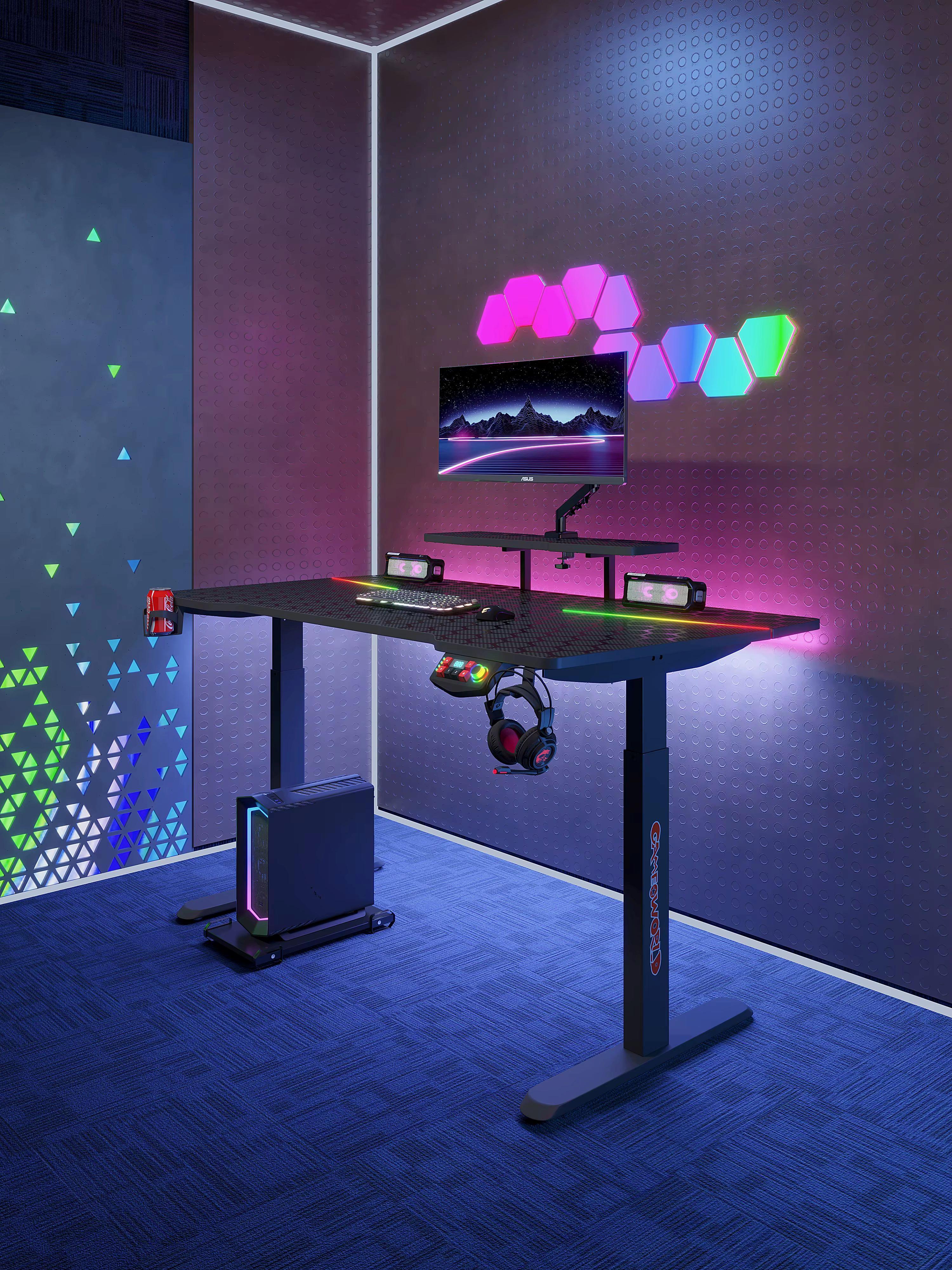 Foshan Furniture DC [ Pre-Order] RGB Carbon Fiber Gaming Desk Height Adjustable Electric Standing Desk with LED Lights for Gamers & Home Office
