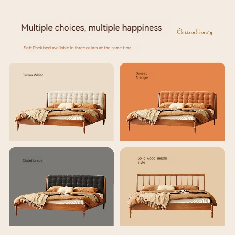 [Pre-order]  All solid wood bed, Nordic double bed, master bedroom 1.8M boxwood vintage simple 1.5M vintage small upholstered bed-Smart-Living