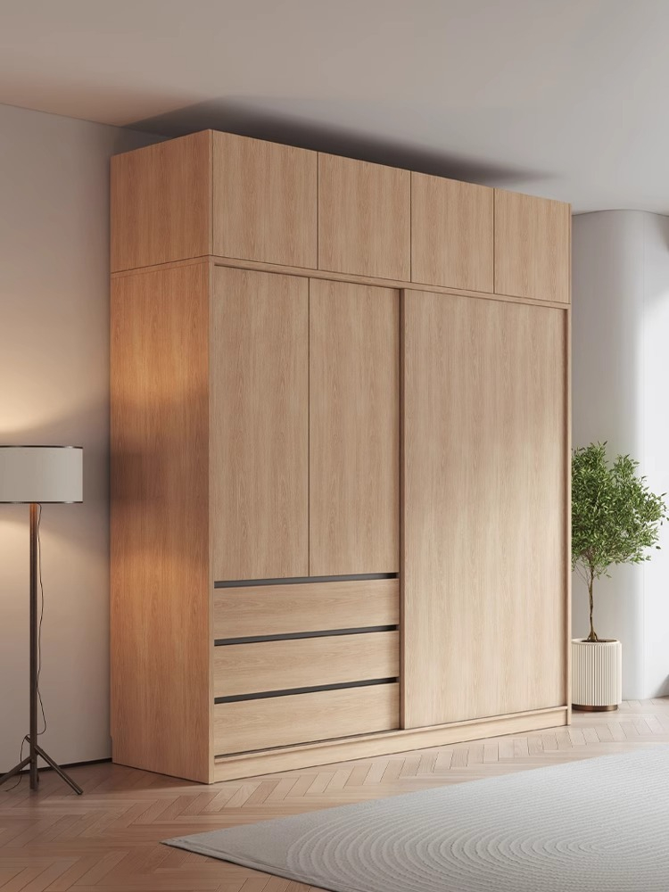 【Showroom】Simple modern log wind sliding door wardrobe Home bedroom small unit cabinet rental room with sliding door wardrobe-Smart-Living