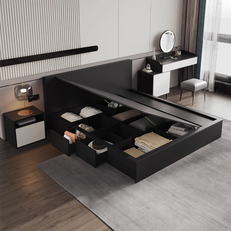 [Pre-order]  Modern simple high box bed Nordic light luxury 1.8m double bed master bedroom wedding bed Large bed board pneumatic storage bed-Smart-Living