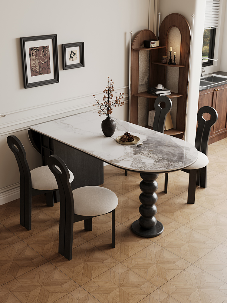 [Pre oeder-Showroom] -Travertine Stone Slab Dining Table - Mid-Century French Retro Style Oval Foldable Wall-Mounted Home Dining Desk for Compact Spaces