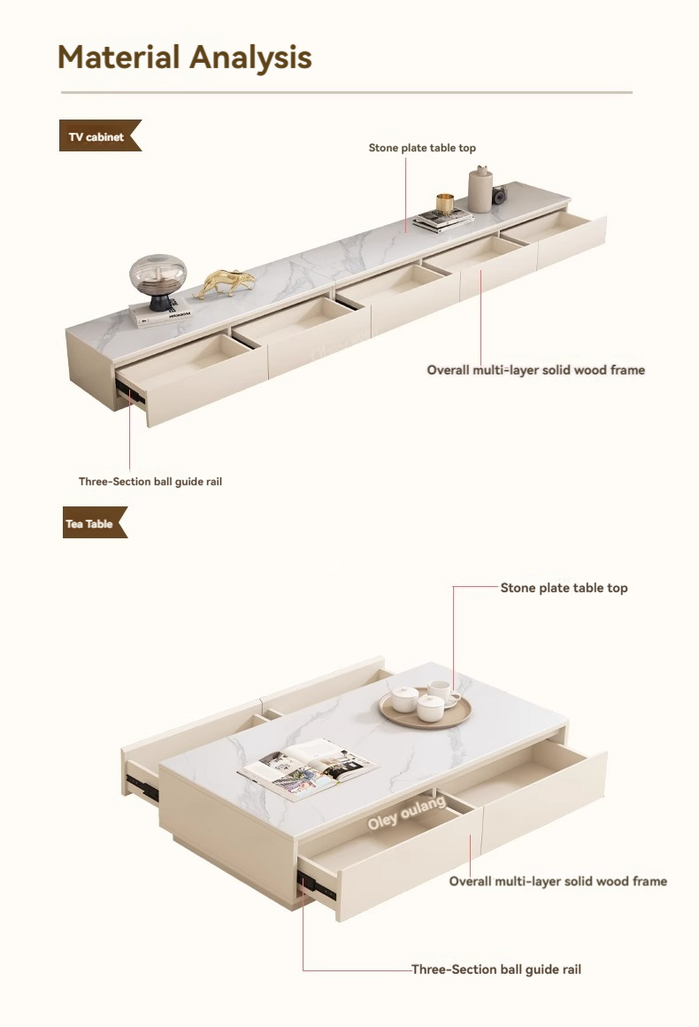 [Pre-order] Oulang 2024 Solid Wood Cream Style Slate TV Cabinet Coffee Table Combo Small Household Modern Simple White Living Room TV Cabinet-Smart-Living