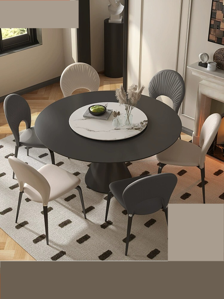 [Pre-order] Italian dining table and chair combination modern simple with turntable round table small apartment eating table light luxury matte rock plate table-Smart-Living