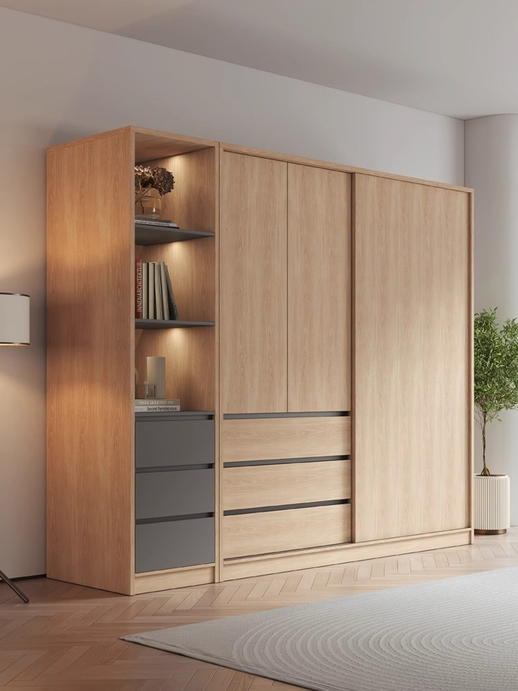 【Showroom】Simple modern log wind sliding door wardrobe Home bedroom small unit cabinet rental room with sliding door wardrobe-Smart-Living