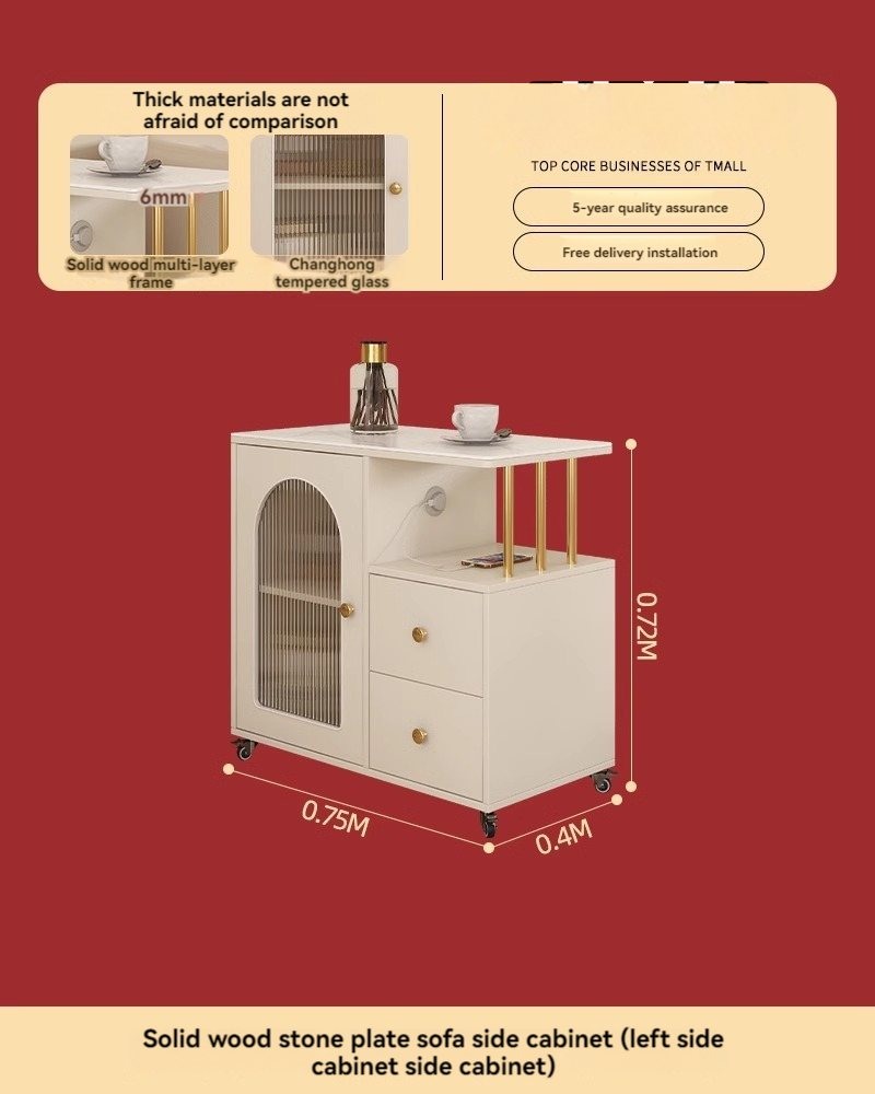 [Pre-order] Oulang French solid wood cream rock board sofa with side cabinets, living room with movable white corners, small square table-Smart-Living