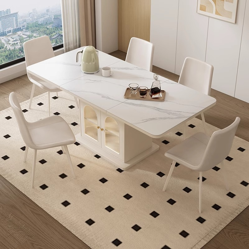 [Pre-order] Oulang Cream style folding dining table, simple modern home slate dining table, island cabinet, integrated dining room, intelligent storage dining table-Smart-Living
