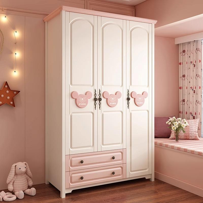 【Showroom】Home bedroom cabinet children's room wardrobe solid wood feet two door three door flat door girl pink children's wardrobe-Smart-Living