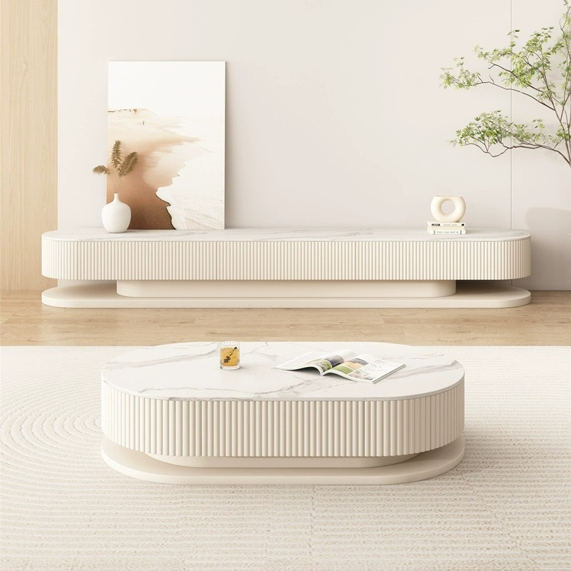 [Pre-order] Cream style coffee table living room household modern simple rock plate white round small apartment coffee table TV cabinet combination-Smart-Living