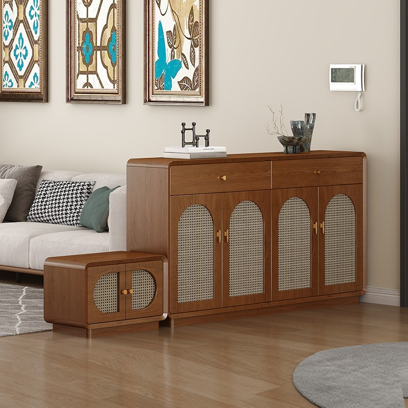 [Pre-order]   Low foot imitation rattan shoes cabinet home door living room wall storage cabinet into the household solid wood porch cabinet partition cabinet-Smart-Living