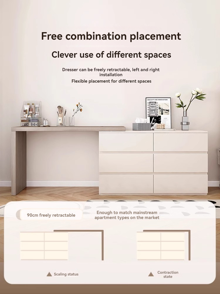 【Showroom】Wooden Moon Intelligent Bucket Cabinet Net Red Cream Style Dressing Table, bedroom, retractable, rotatable, multi-functional modern makeup table-Smart-Living