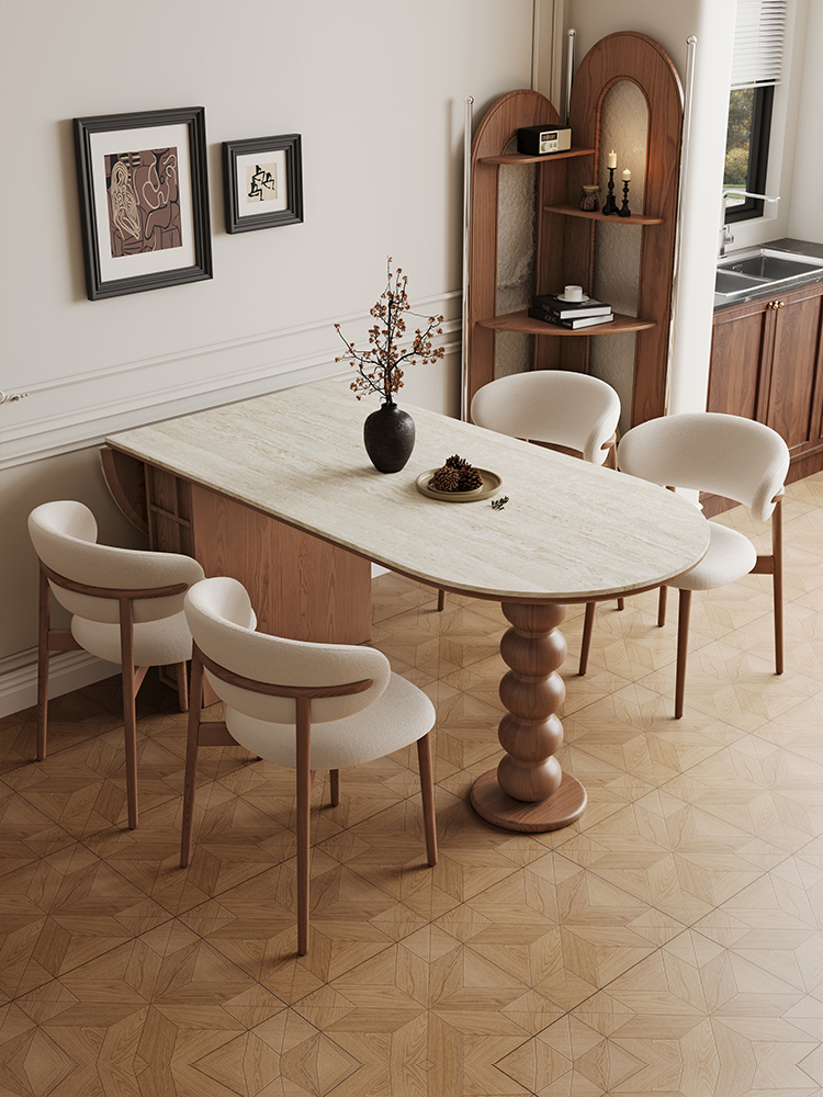 [Pre oeder-Showroom] -Travertine Stone Slab Dining Table - Mid-Century French Retro Style Oval Foldable Wall-Mounted Home Dining Desk for Compact Spaces