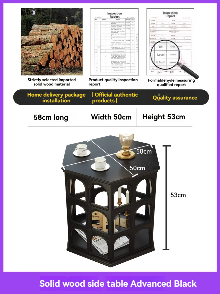 [pre order]French vintage solid wood coffee table, hexagonal openwork, antique tea table, wooden black round arch sofa side table-Smart-Living