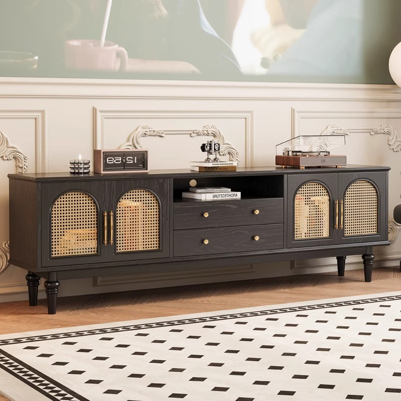 [pre order]French retro solid wood TV cabinet, small apartment, high vintage bedroom design, rattan TV cabinet-Smart-Living