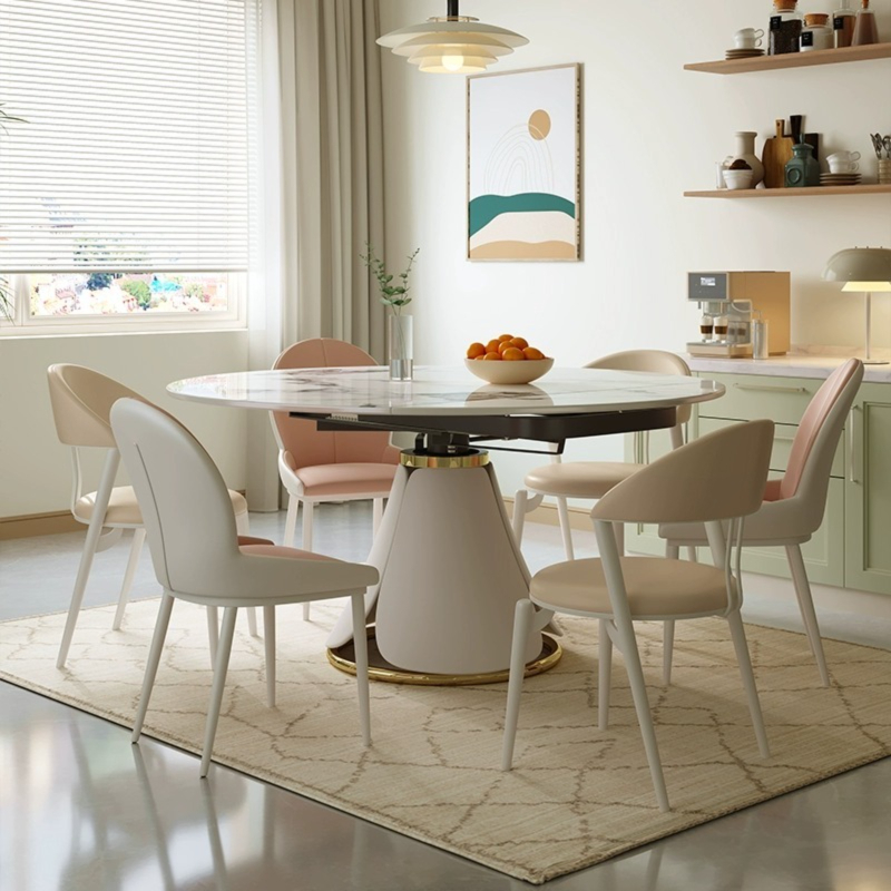 [Pre-order]  Cream style slate dining table simple modern small apartment telescopic round table living room rotating light luxury dining table and chair combination-Smart-Living