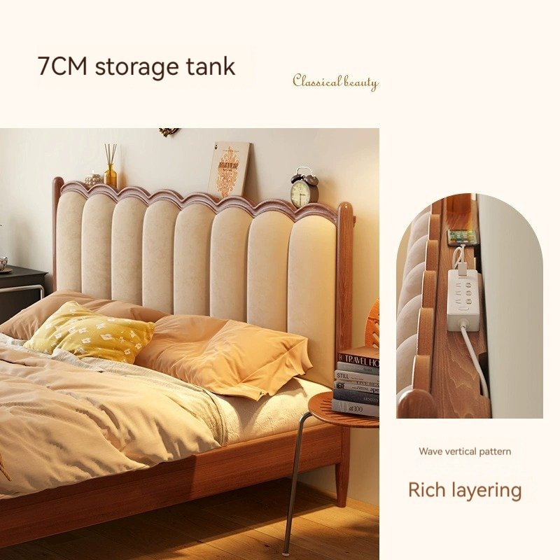 [Pre-order]  French vintage solid wood bed cream style soft bag double simple Nordic master bedroom ripple bed American furniture children's bed-Smart-Living