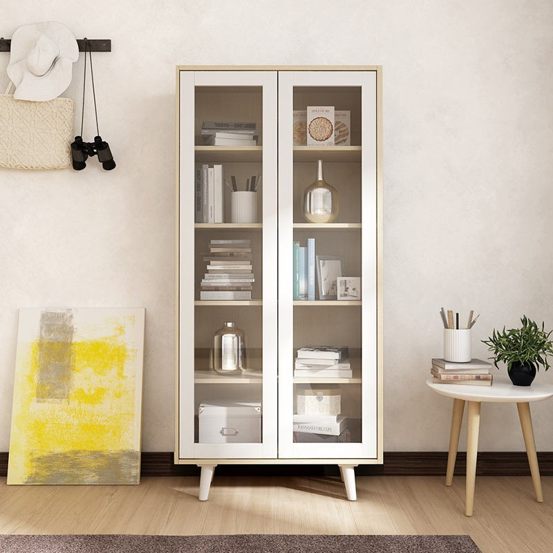 [Pre-order]  Nordic style double-door board bookcase with glass door, storage cabinet, large capacity storage bookshelf for study. Wholesale from origin-Smart-Living