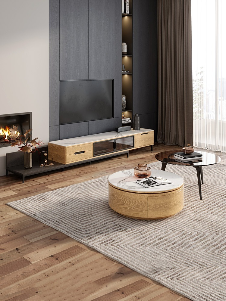 [Pre-order] Minimalist slate coffee table TV cabinet combination Nordic light luxury tempered glass round coffee table simple modern small apartment-Smart-Living